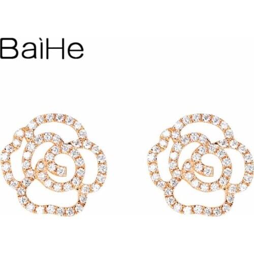 BAIHE Genuine Solid 14K White/Yellow/Rose Gold Fine Jewelry H/SI Natural Diamonds Flower Stud Earrings Cерьги 2020 тренд Wedding