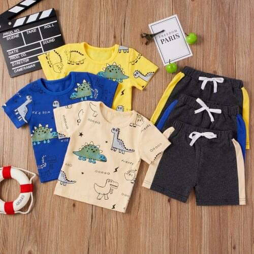 6M-4Y Boys Girls Clothing Sets Short Sleeve Cartoon Dinosaur Shirt Tops+Elasctic Shorts Kids Clothes Casual Clothing Sets