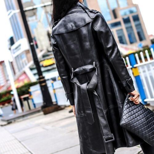 Office Ladies Sheepskin Long Jacket Belted Double Breasted Women Trench Coat Slim Fit Genuine Leather Jacket Windbreaker Outwear