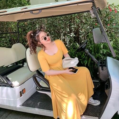 Fat mm solid color thin dress 2020 summer new large size womens high waist loose cover meat thin medium long dress female v