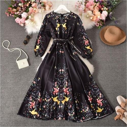 Womens spring autumn runway fashion long sleeve flower print chiffon dress female fashion chic slim beach dress TB1396