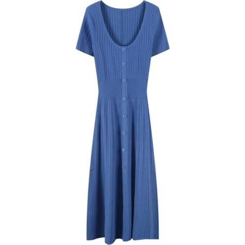 2020 summer women elastic slim short sleeve knitted long dress designer o-neck buttons midi dresses vintage blue vestidos JC481