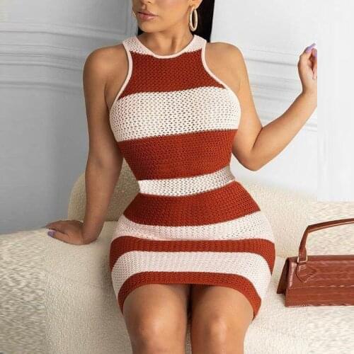2021 Sweater Dresses Women Autumn O Neck Sleeveless Stretch Striped Sexy Pencil Dress Spring Tank Bodycon Knitted Mini Vestidos