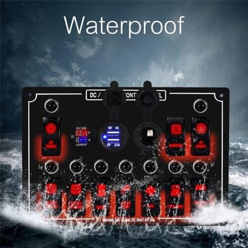 12V 10 Gang Rocker Red Blue Switch Panel Circuit Breaker Universal LED Waterproof Cigaratte Lighter Car Marine Boat#290664