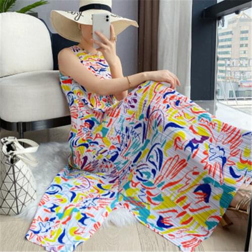 Miyake Pleated Women dresses Summer Sleeveless The big pendulum printing long dress Korean fashion Casual elegant Female dress