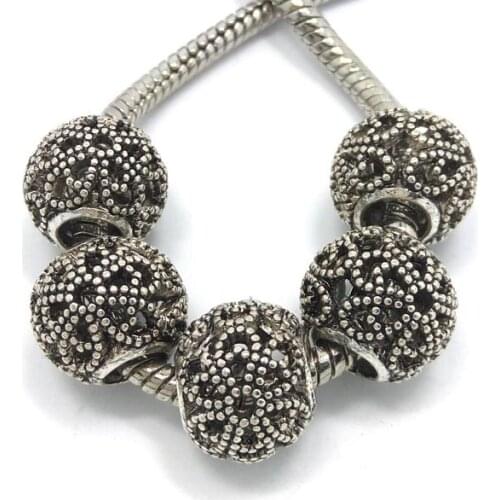 Free shipping 50pcs 12mm new flower design antique silver plated big hole charms beads fit European bracelet DIY