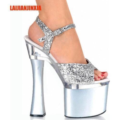 LAIJIANJINXIA Shining Silver 18CM Sexy Super High Heel Platforms Pole Dance/Performance/Star/Model Shoes, Wedding Dance Shoes