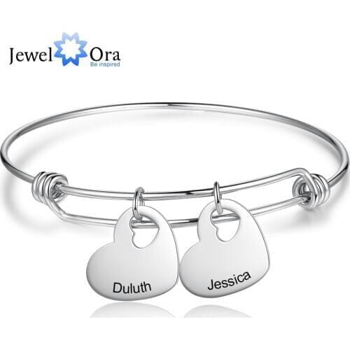 JewelOra Personalized Engraved Name Heart Charms Bangles Stainless Steel Bracelets & Bangles Promise Gifts for Girlfriend Lovers