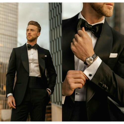 Black Mens Wedding Suits Slim Fit Satin Peaked Lapel Groom Tuxedos Formal Work Prom Office Business Mens Suits Blazer(Jacket+Pan