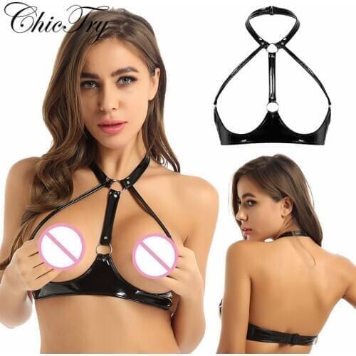 ChicTry Womens Female Exotic Nightwear Bra Tops Wet Look Patent Leather Lingerie Backless Open Cups Wire-free Unlined Bra Top