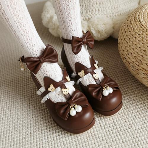 Lolita Girls Mary Janes Shoes Bowknot Princess Ruffles Japanese Sweet Bride Wedding Party Dress Pumps Cosplay Pink Size 34-48