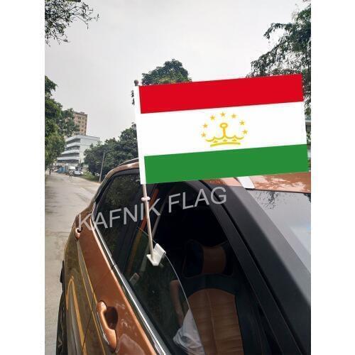 KAFNIK,30*45CM Tajikistan Window Car Flags and Banners Countries World Custom Flags with 43/52cm flagpole for car decoration