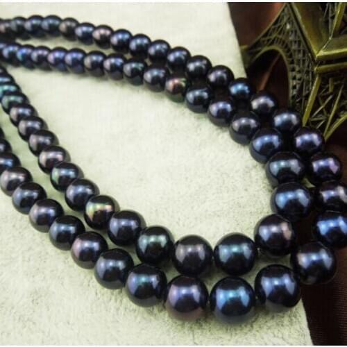 Stunning9-10mm tahitian black blue pearl necklace 18inch 14k/20