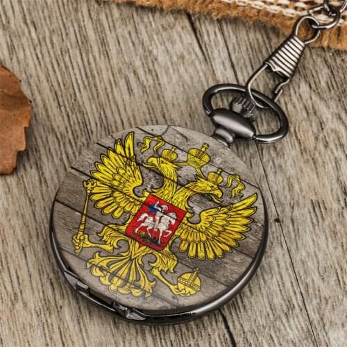 Antique Black Pendant Pocket Watch Double-Headed Eagle Russia National Emblem Display Fob Chain Pocket Clock Collection Souvenir