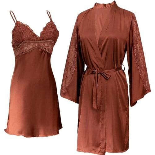 Sexy Bride Womens 2PCS Nighty Robe Nightgown Lace Bathrobe Gown Sets Summer Silky Satin Komono Strap Dress Sleepwear Sleep Suit