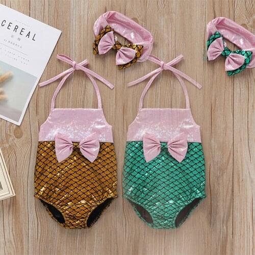 Newborn Baby Kids Girls One-peice Swimsuit + Headband Swimming Set Mermaid Kids Jumpsuits Vacation Clothes Beach Bikini Swimsuit