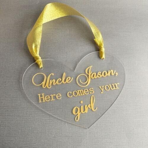 Personalized Wedding Sign, Gold Wedding Heart Sign Uncle Here Comes Your Girl, Ring Bearer Flower Girl Sign Wedding Gift
