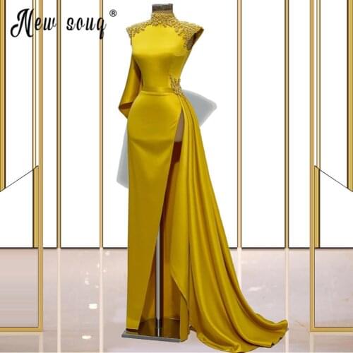 Pearls High Neck Evening Gowns Mermaid High Split Side Sexy Prom Dresses Middle East Yellow Detachable Train Robe Soiree Custom
