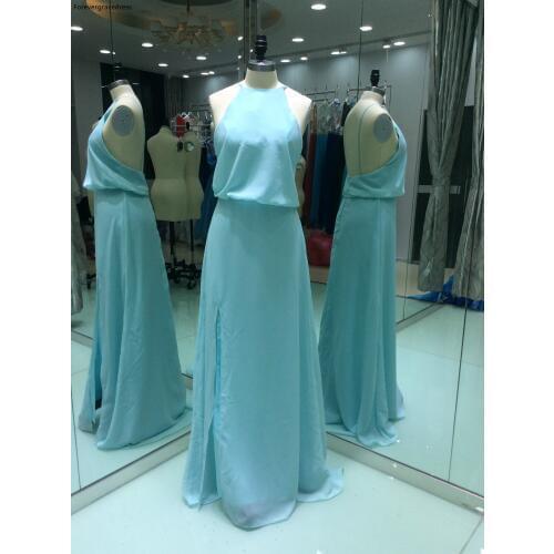 Light Blue Long Bridesmaid Dress Chiffon Sleeveless Backless Formal Guest Maid of Honor Gown Plus Size Custom Made