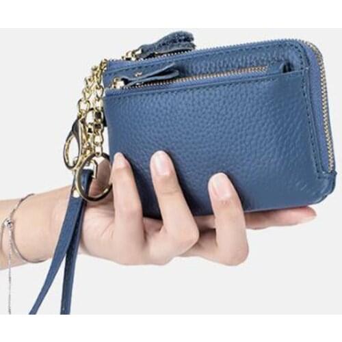 Good Workmanship Full Grain Cowhide Leather Lychi Pattern Large Capacity Removable Wrist Belt Coin Purse Handbag