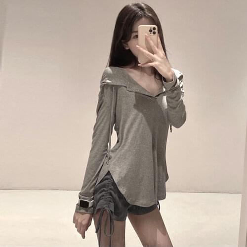 Hooded Side Split Sexy Blouse Women Long Sleeve Autumn Women Button Up Shirt Solid Color Basic Tee Shirt Loose Casual