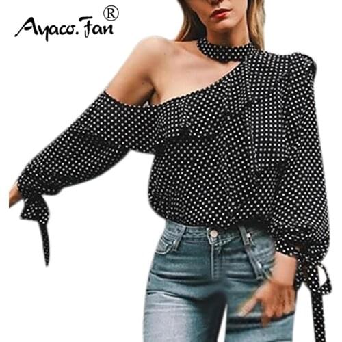 Elegant Business Office Blouse 2019 Summer New Women One-Shoulder Halter Polka Dot Blouse Tops Tees Lantern Sleeve Chiffon Shirt