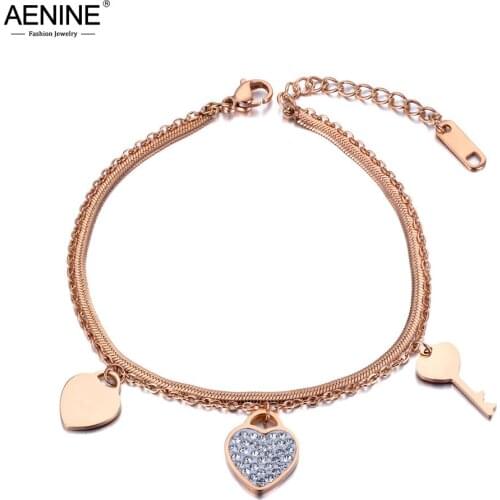AENINE Stainless Steel Heart Key Charm Double Layers Women Bracelet Bangle Snake Link Chain Bohemia Summer Beach Jewelry AB19020