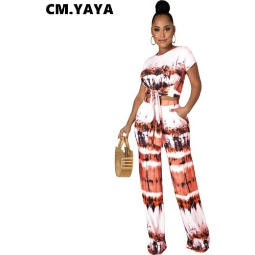 CM.YAYA Women Set Tie Dye Short Sleeve O-neck Bandage Crop Tops Wide Leg Pockets Pants Two 2 Piece Sets Tracksuit Summer Outfits