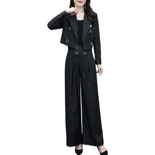 New Spring Summer Womens 2 Piece Sets Plus Size Office Lady Suits Striped Blazer Wide Leg Pants Suit OL Female Two Sets Autumn