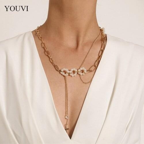 YOUVI Goth Letter E Pendant Necklace for Women Punk Cuban Link Beaded Chain Necklace Collier Femme Choker Jewelry Collar Charm