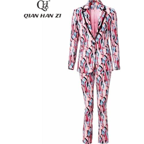 Qian Han Zi Winter Designer Fashion Fall Suit Set Retro Single Button suit coat+pattern printing long pants two piece set