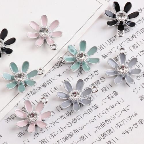 20pcs pink green Enamel flower Charm Alloy silver color jewelry pendants for bracelet DIY jewelry Accessories earring finding