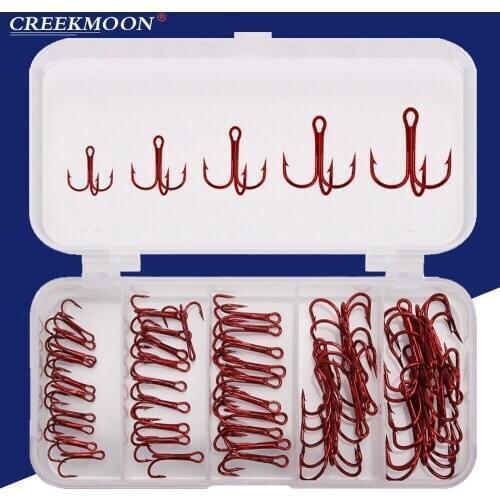 50pcs/Box 2# 4# 6# 8# 10# Fishing Hooks High Qulity Red Color Jig Big Hook Treble Hook Easy Catch Round Bend Triple Fishhook Set
