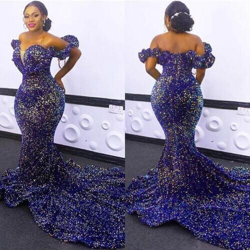 African Sequined Evening Dresses Plus Size Off Shoulder Mermaid Prom Gowns 2020 Red Carpet Robe De Soiree
