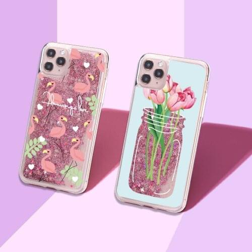 Flamingo Flower Coffee Sparkle Liquid Real Glitter Phone Case Fundas Cover for iPhone 11 X XS XR Max Pro 7 8 7Plus 8Plus 6