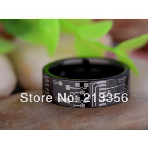 Cheap Price Free Shipping 2013 USA Hot Selling 8MM Shiny Black Pipe Circuit Board The Lord Mens' Tungsten Carbide Wedding Ring