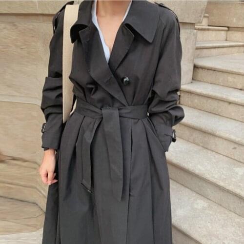 Women Autumn Elegant Black Slim Fit Long Trench Coat Jacket Sashes Single Breasted Windbreaker Raglan Sleeve Cloak Cardigan
