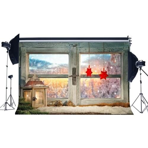 Photography Backdrop Christmas Red Star Lantern Vintage Wood Window Snow Winter Xmas Backdrops Happy New Year Background