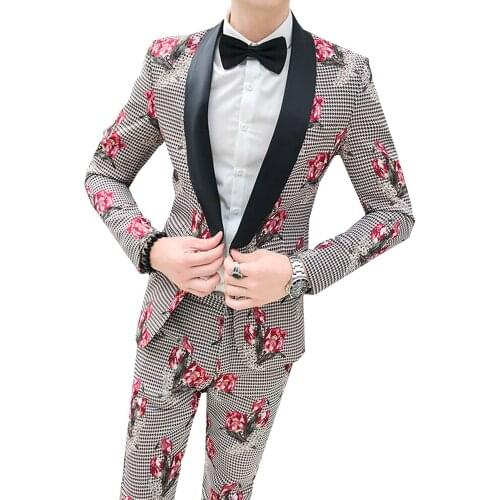 Floral Suits 2 Pieces Set 2020 Mens Fashion Slim Fit Male Business Casual Groomsman 2pcs Wedding Suit Jacket Pants Blazers Coat