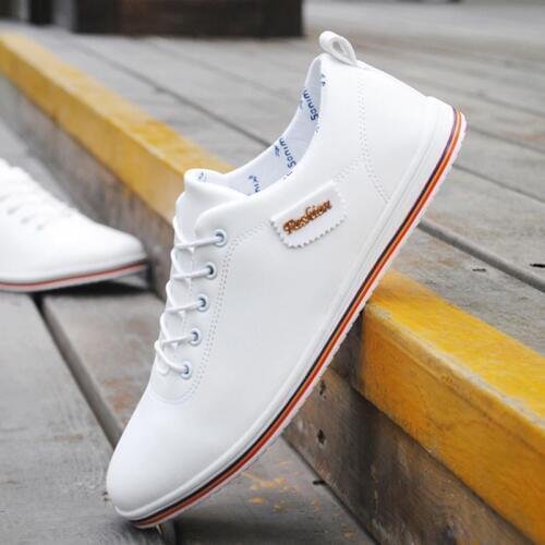 Spring Summer Men Shoes Breathable Mens Casual Shoes Pu Leather Flat Shoes Lace-Up Man Shoes Comfortable Outdoor White Sneakers