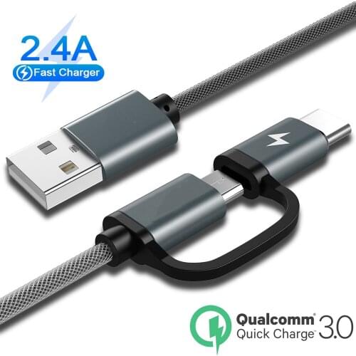 2 in 1 Micro USB Cable Universal Mobile Phone Type-C Data Cord QC3.0 Fast Charging For Xiaomi 11 10 Huawei P40 P30 Samsung Redmi
