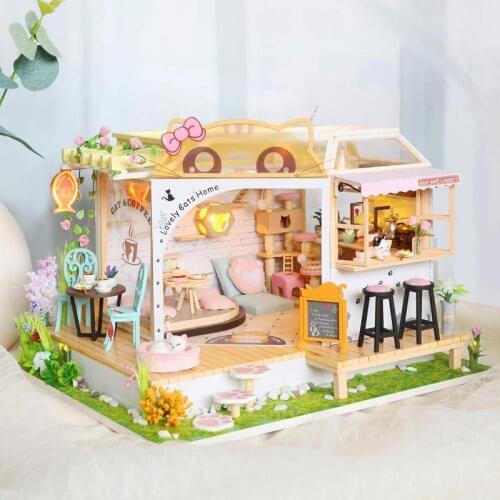 NEW DIY Wooden Doll House Miniature Furniture With LED Light Kit Cat Coffee Dollhouses Assemble Toy Children Birthday Gift Casa