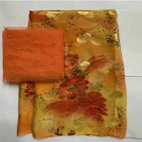 Fashion Design High Quality African Metal Silk Fabric 5 +2Yards Chiffon African Silk Fabric For Ladies Party Clothing!LXF1010188