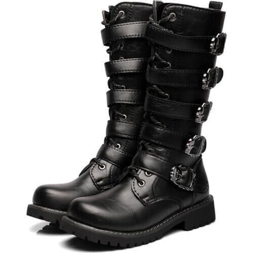 High-top Mens Motorcycle Boots Punk Leather Boots Mid-Calf Men Combat Military Boots Desert Boots Men Shoes Tactical Army Boot