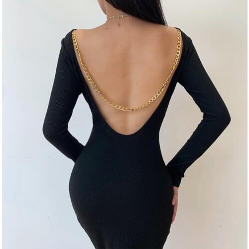 New ladies black backless elegant mid-length strappy dress 2021 sexy long-sleeved chain fashion club party boutique dress