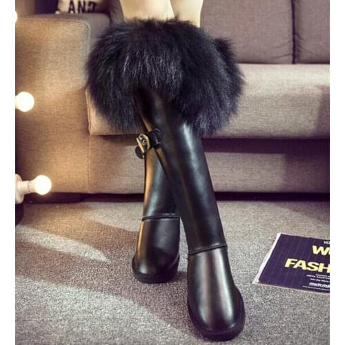 New Girls Warm Winter Big Fox Tail Fur Knee High Buckled Snow Boots Women Suede Leather Fur Botas Plush Inside Long Boots