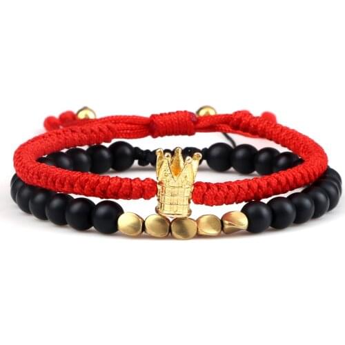 Charm 2pcs Crown Copper Beads Bracelet Natural Stone Black Matte Lava Strand Bracelets Handmade Thread Braided Adjustable Bangle