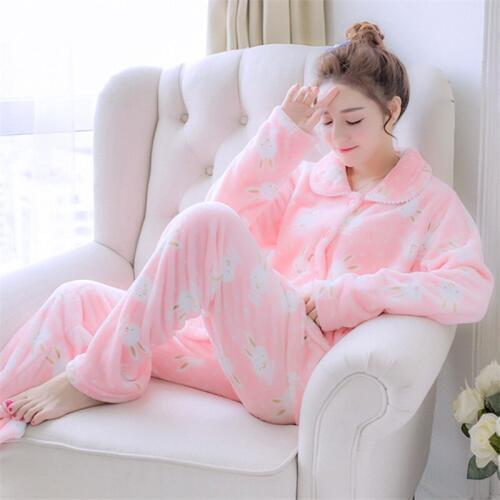 2020 Autumn Winter Women Pajama Set Flannel Thick Warm Long Sleeve Pants Pajamas Sleepwear Female Pink Cute Animal Homewear