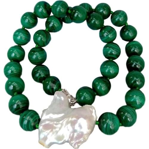 YYGEM 17" Natural 12mm Genuine Round Green Malachite White Keshi Freshwater Pearl choker Necklace 925 Sterling silver clasp