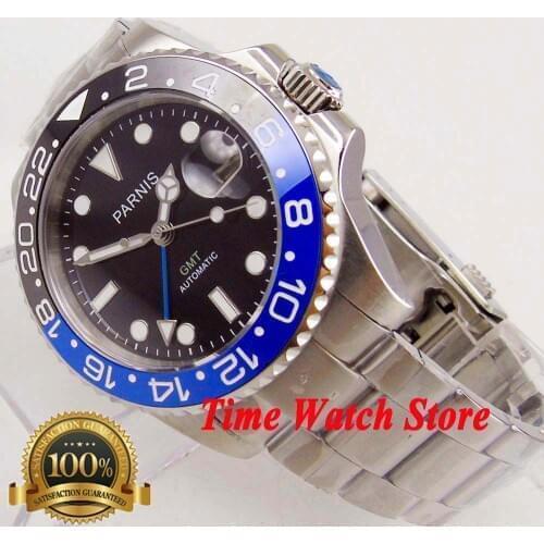 Parnis 40mm GMT 3804 automatic mens watch sapphire glass black dial luminous ceramic bezel waterproof oyster bezel date cyclops